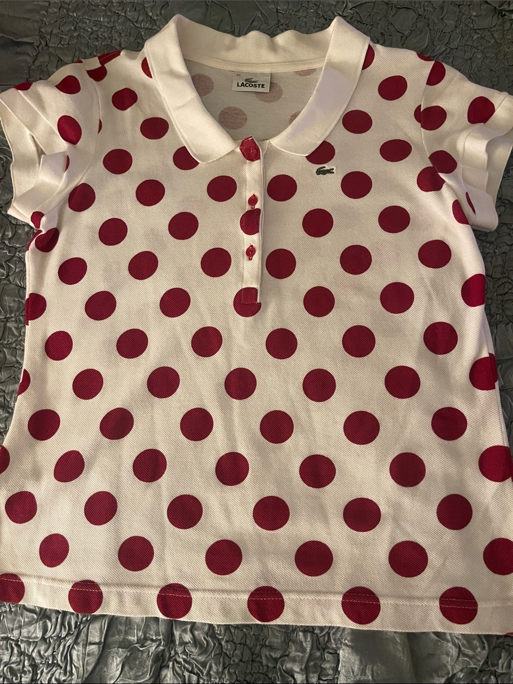 Lacoste Women’s White Polo with Red Polka Dots Size 42